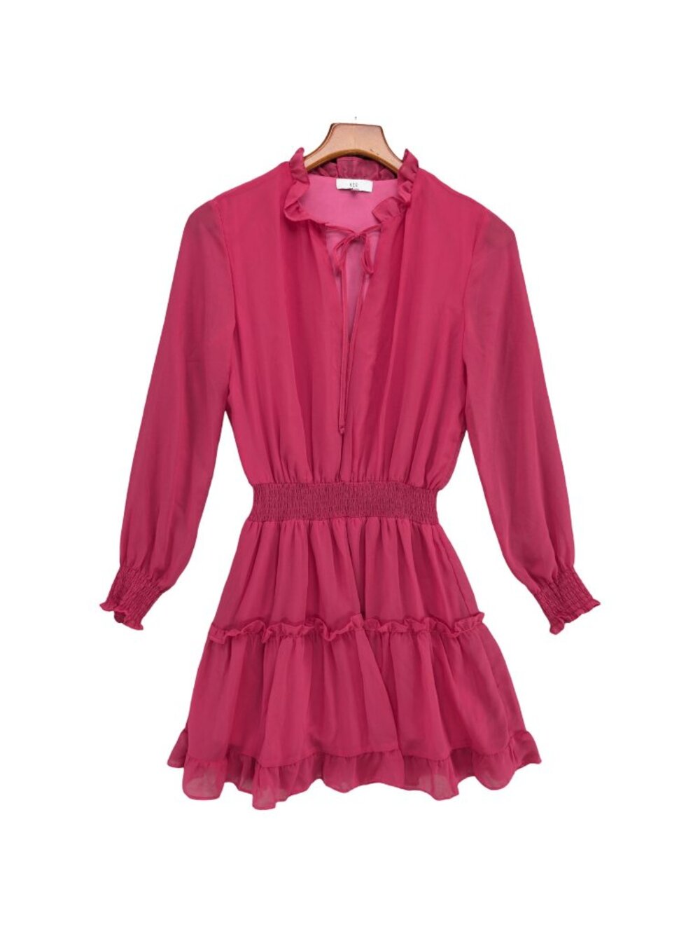 NSR Ruffle Tiered Mini Dress Pink Long Sleeve Smocked Lined Size S